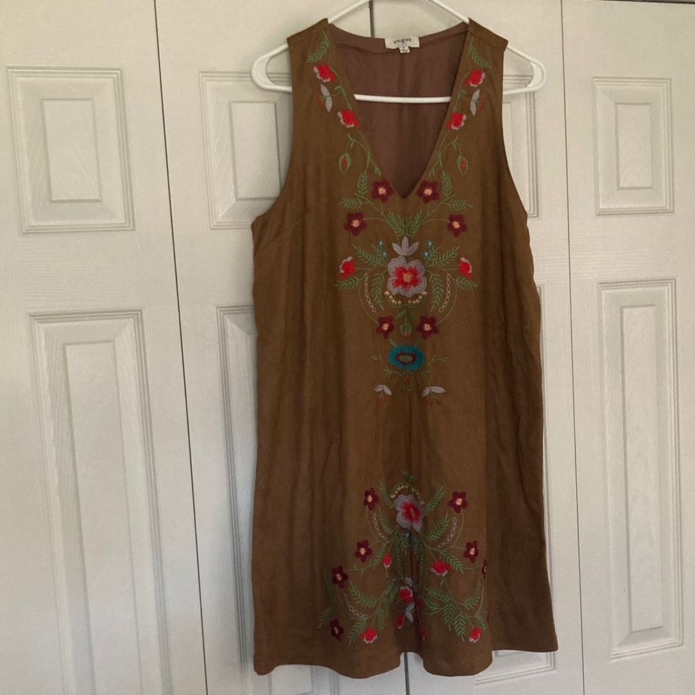 Brown Suede Sleeveless Dress with Floral Embroidery